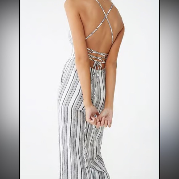 Forever 21 Pants - Nwt Forever 21 Criss Cross Tie Back Jumpsuit Stripes Small Linen Cotton